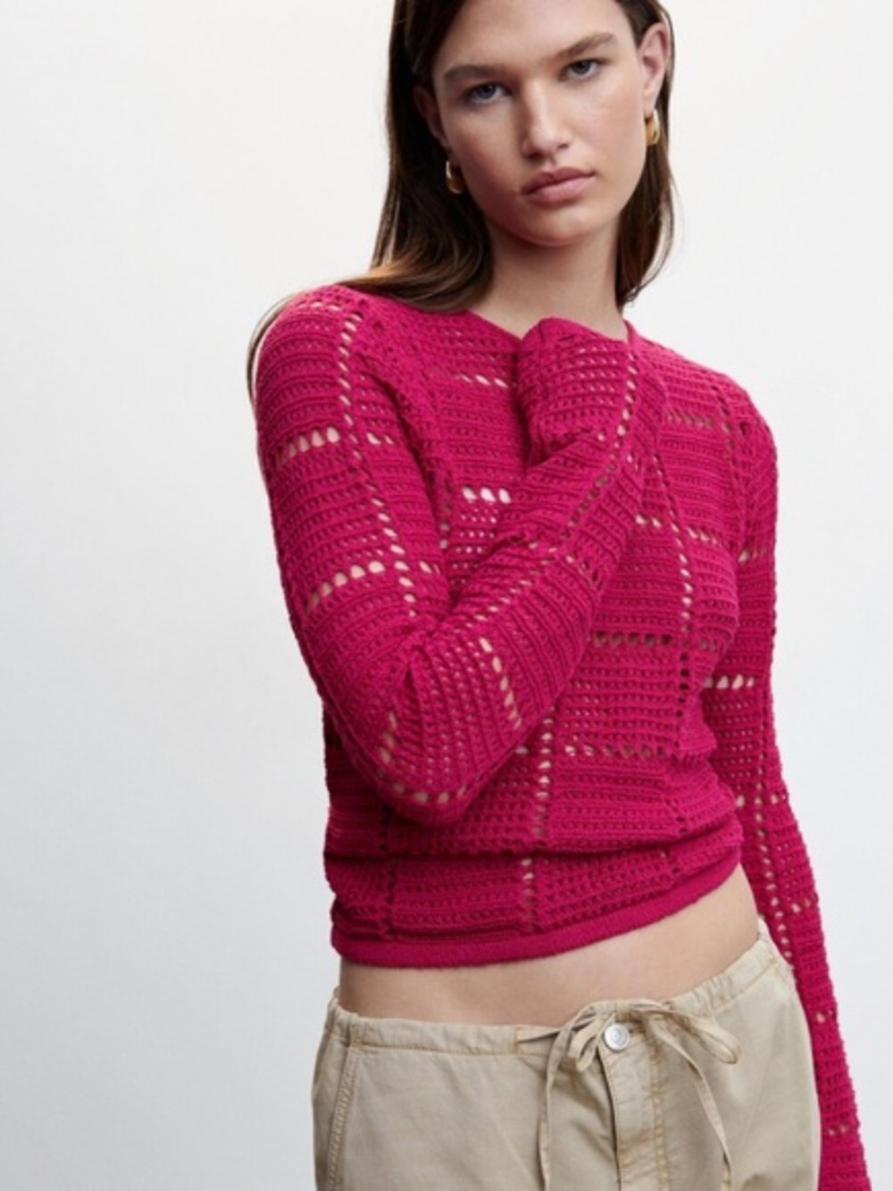 Mango Fuchsia Crochet Sweater Open Knit Hot Pink Pointelle